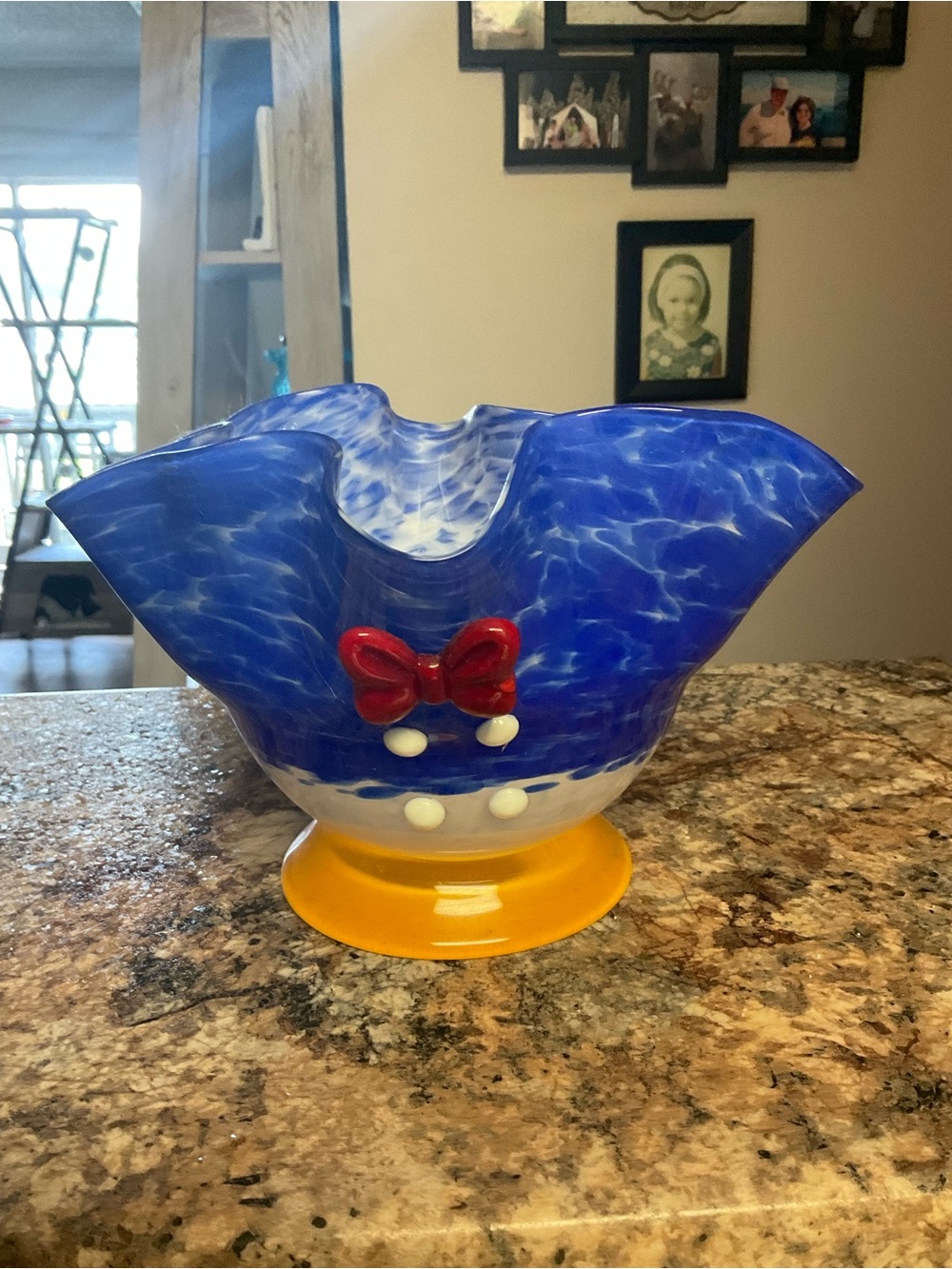 Aribas Brothers DoBlue Glass Decorative Vase with Red Bow Accent and Yellow Base
